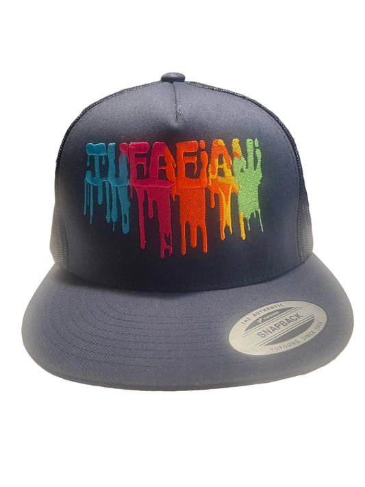 JUFAFIANI Face On Calm Trucker front view with multicolor drip embroidery