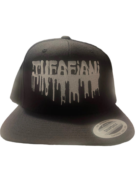 JUFAFIANI Drip Beyond black snapback front view with white drip embroidery